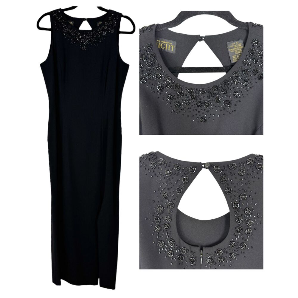 Liz Claiborne Night Black Beaded sleeveless long formal dress side slits Size 10